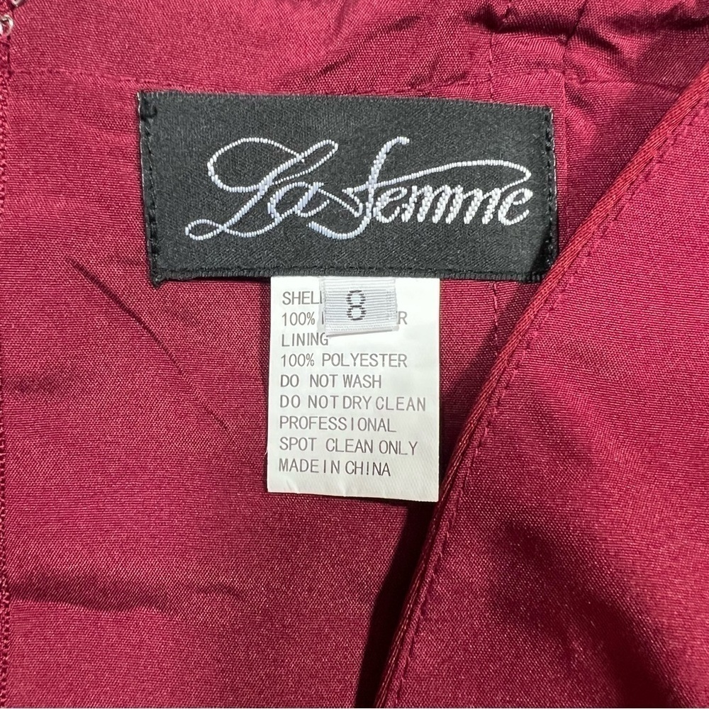 La Femme | Romantic Surplice Off the Shoulder Column Gown Dress Burgundy | 8 - Picture 6 of 7